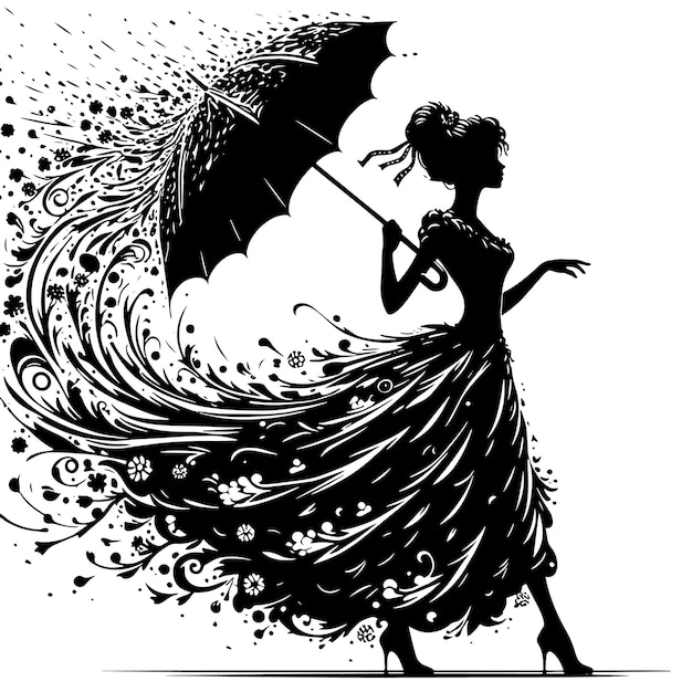 Silueta en blanco y negro de una mujer en un vestido caminando bajo un paraguas en la lluvia