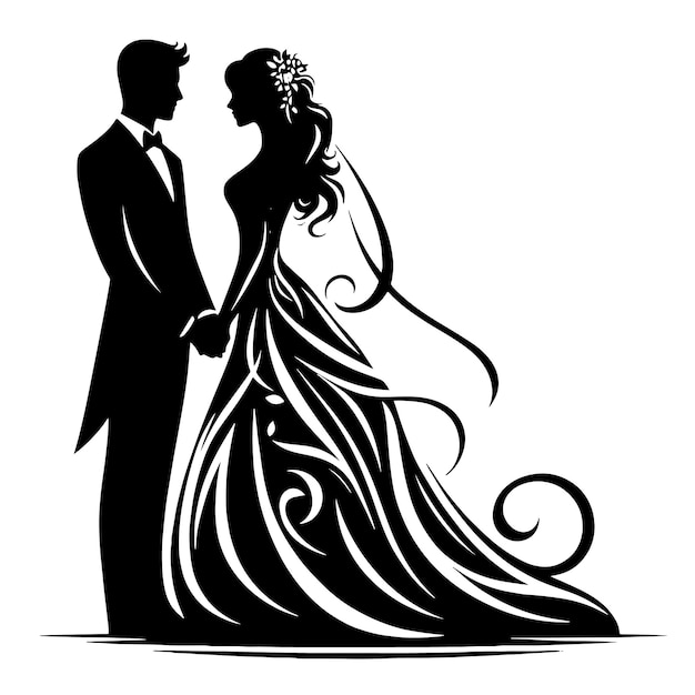 Silueta en blanco y negro de una pareja de bodas de pie juntos de una manera confiada