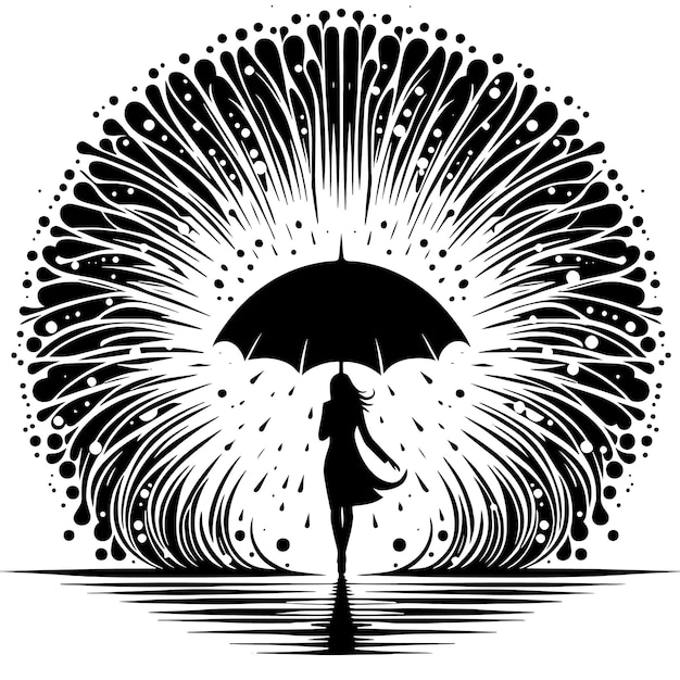 Vector silueta en blanco y negro de personas bajo un paraguas bajo la lluvia