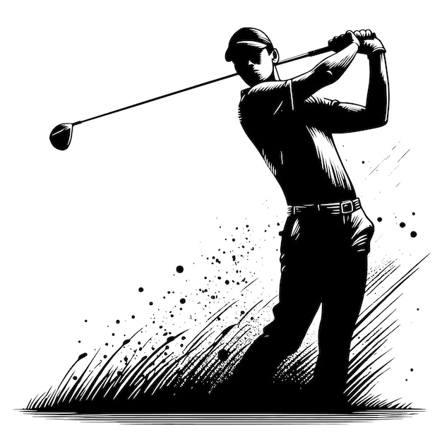 Vector silueta en blanco y negro de un profesional del golf jugando al golf