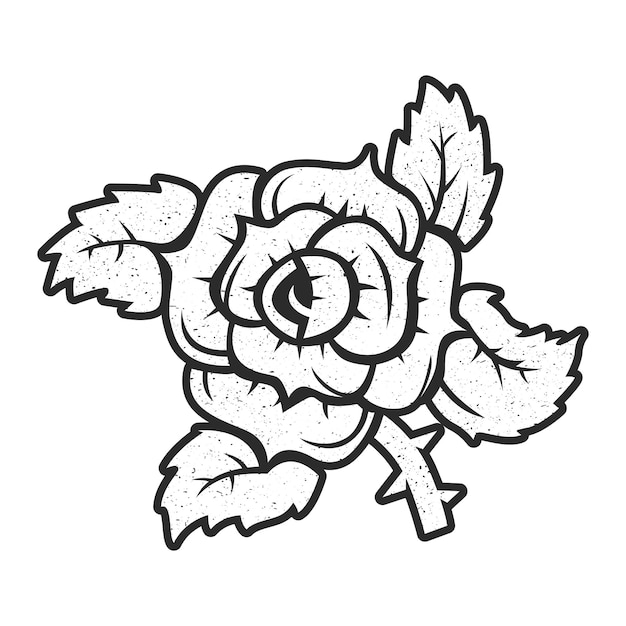 Silueta en blanco y negro de una rosa en plena floración con hojas, espinas y un diseño de tallo para tatuaje