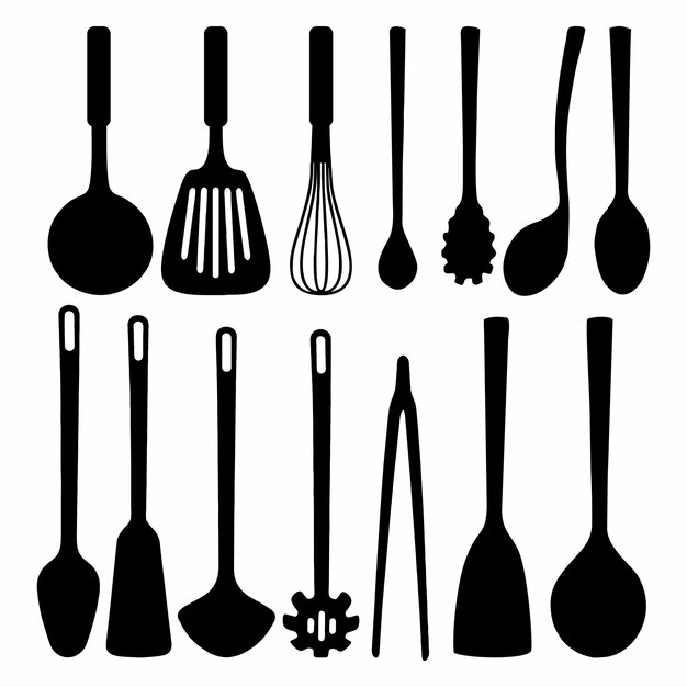 silueta en blanco y negro de utensilios de cocina