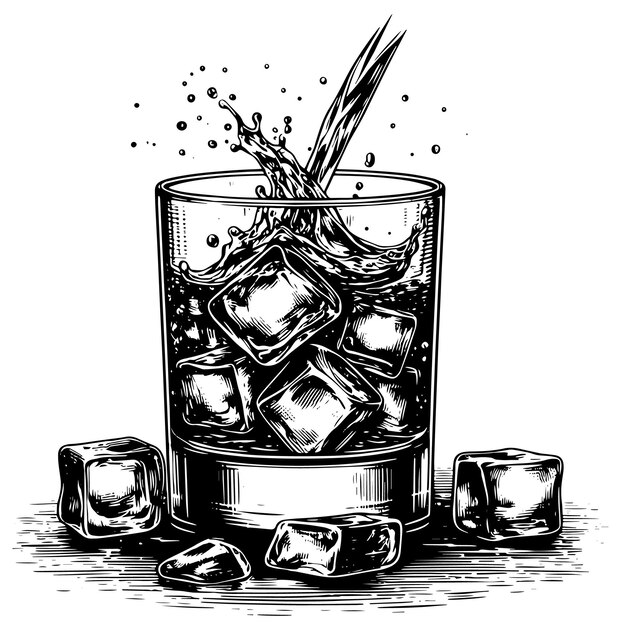 Silueta en blanco y negro de un whisky escocés de vidrio en las rocas