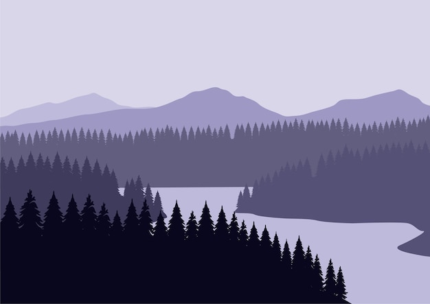 Silueta de bosque y lago en las montañas. ilustración vectorial