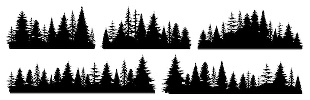 Vector silueta de bosque salvaje de montaña sin costuras con pinos o coníferas y abetos