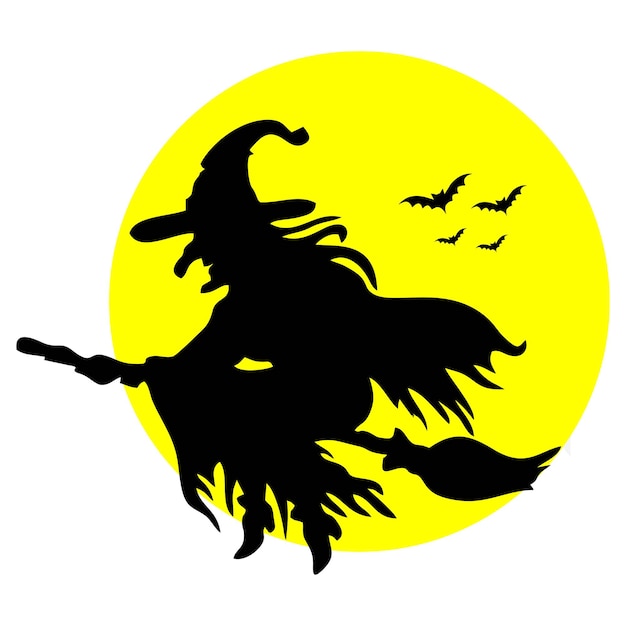 La silueta de la bruja voladora de la luna de halloween