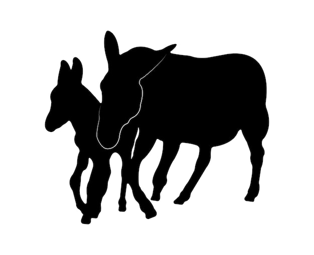 Vector silueta de burro plano vectorial aislada sobre fondo blanco