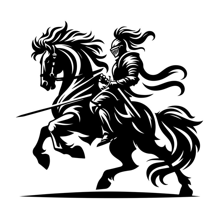 Silueta de un caballero en un caballo con una espada y un escudo