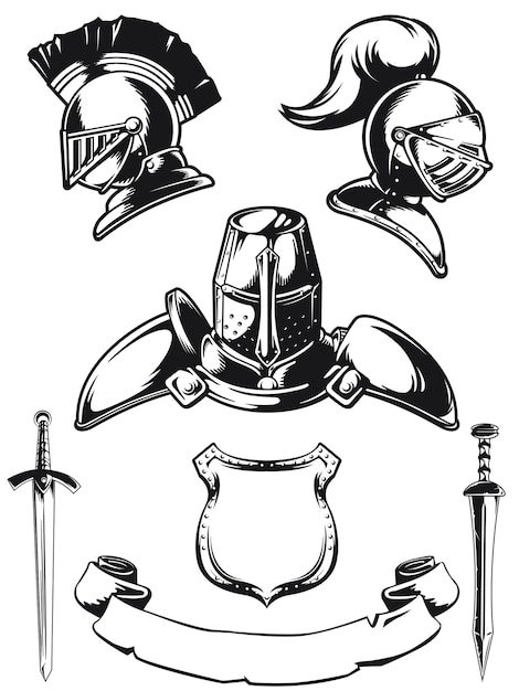 Vector silueta de caballero medieval casco grabado conjunto de contorno aislado