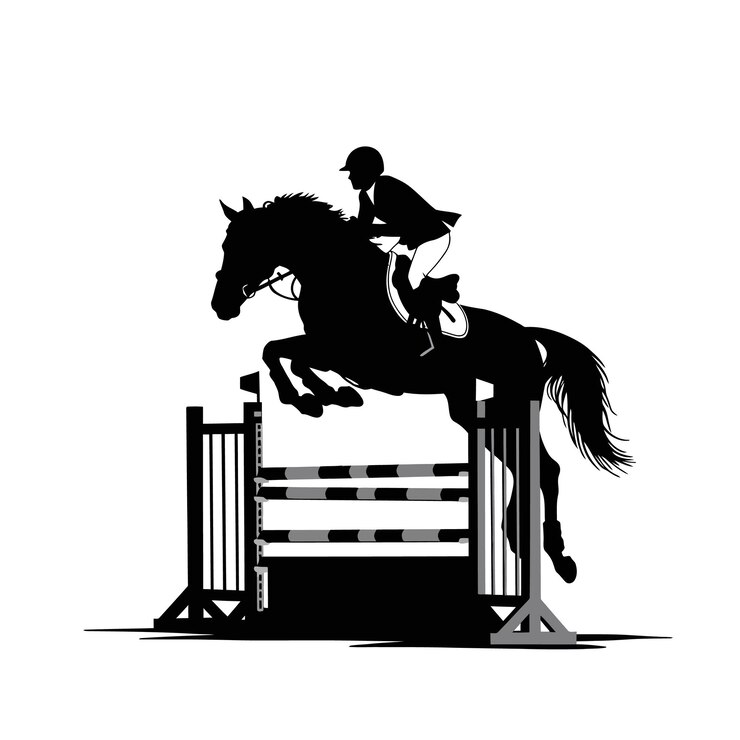 Silueta de un caballo y su jinete saltando sobre un obstáculo