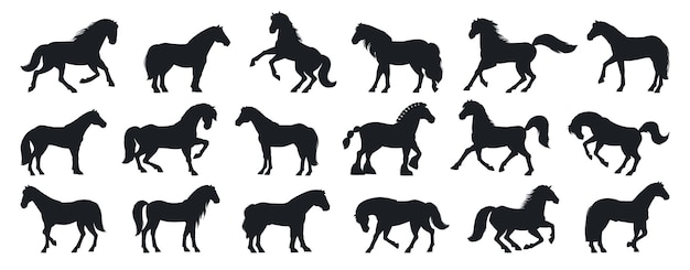 Silueta de caballos de dibujos animados Animales domésticos de diferentes razas y poses conjunto de ilustraciones vectoriales planas Siluetas de caballos de granja agraciados