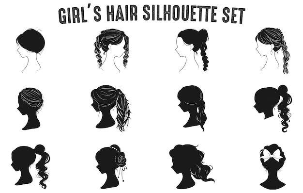 Silueta de cabello para niñas Conjunto vectorial Peinados para niñas Siluetas para mujeres Ilustración de silueta para cabellos