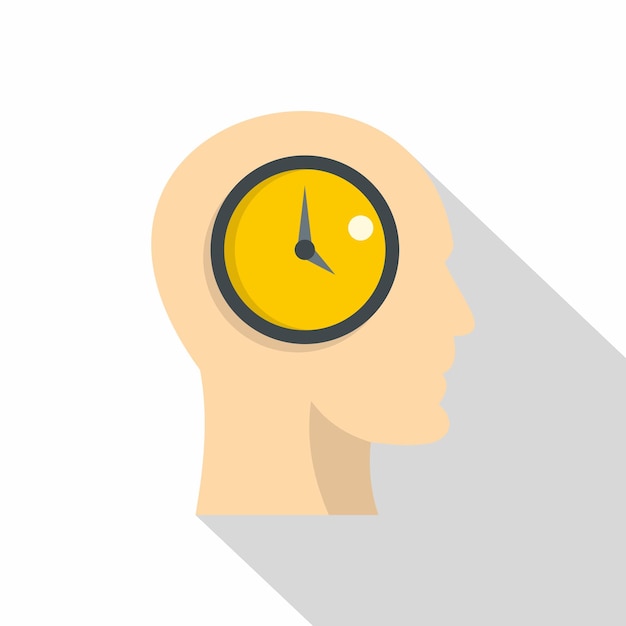 Silueta de una cabeza humana con icono de reloj interno Ilustración plana de una silueta de cabeza humana con ícono vectorial de reloj interior para la web aislada sobre fondo blanco