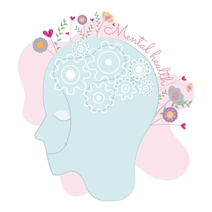 Vector silueta de cabeza con piezas de engranajes y flores vector de salud mental
