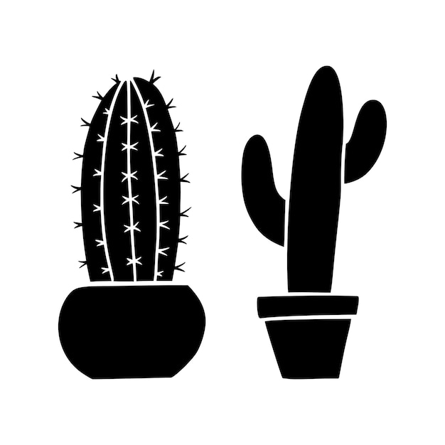 La silueta del cactus Boho, un cactus dibujado a mano en estilo linocuto de diseño occidental, es una ilustración vectorial del icono.