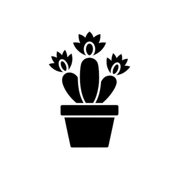 Silueta de cactus en maceta con tres flores Diseño simple en blanco y negro