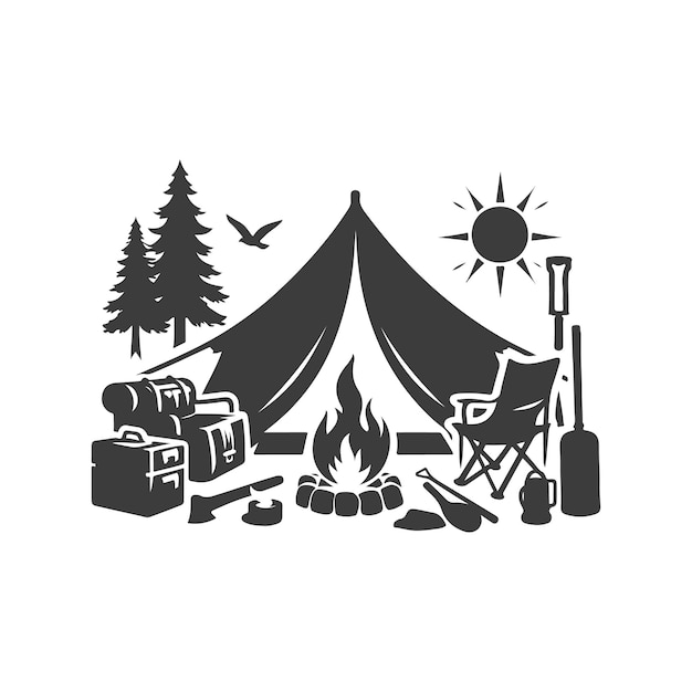 Silueta de campamento o campamento de verano Ilustración vectorial aislada de clip art sobre un fondo blanco