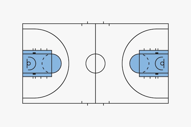 Una silueta de cancha de baloncesto sobre fondo blanco.