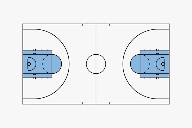 Vector una silueta de cancha de baloncesto sobre fondo blanco.