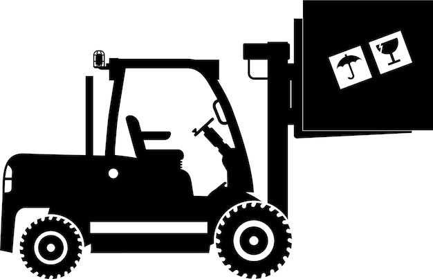 Silueta de carretilla elevadora de ruedas con icono de caja de carga frágil en ilustración vectorial de estilo plano