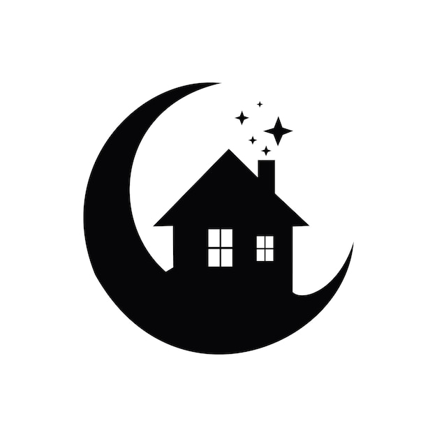 Silueta de una casa posicionada dentro de una luna creciente con estrellas en un cielo nocturno