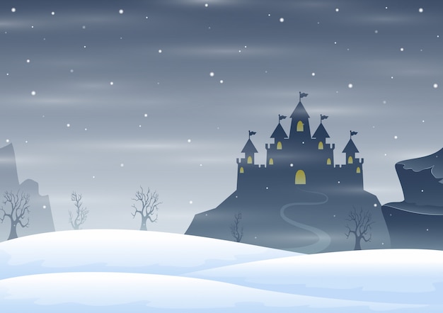 Silueta de castillo de invierno de navidad en la colina