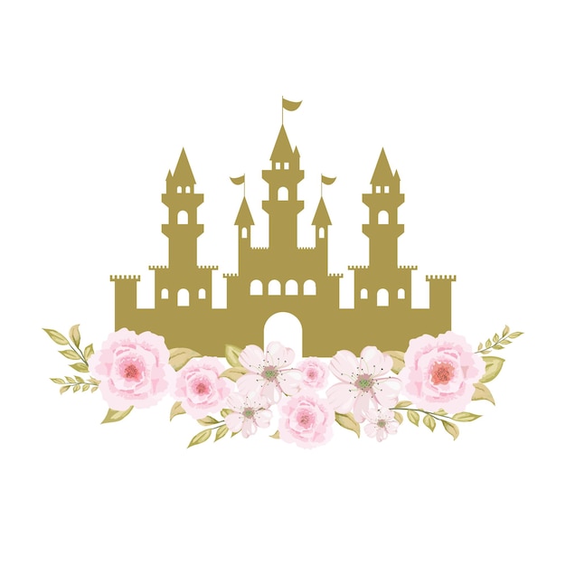 Vector silueta de un castillo de princesa con flores acuarelas. castillo dorado con marco de viñeta floral