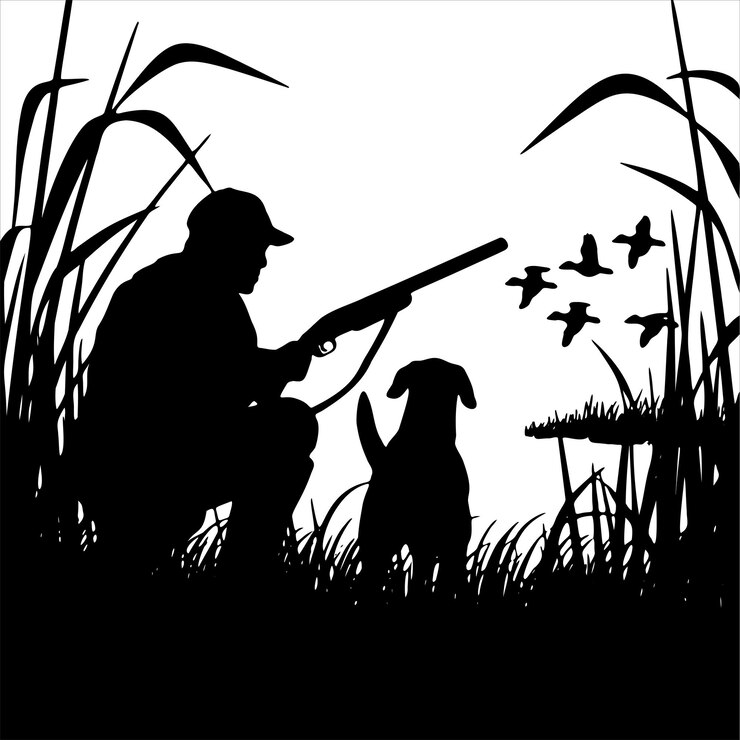 Silueta de cazador y perro en el pantano al atardecer