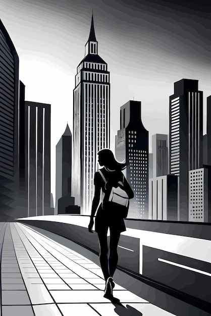 Vector silueta de una chica con una mochila caminando sola en el centro de la ciudad