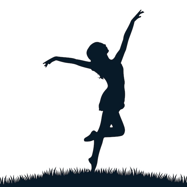 Vector una silueta de una chica saltando en la hierba con los brazos extendidos