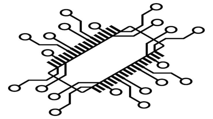 Vector silueta de chip esquemático isométrico simple o componente para microcircuitos aislado sobre fondo blanco clipart técnico vector