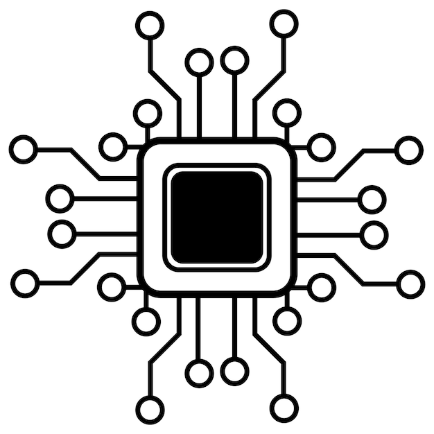 Silueta de chip esquemático simple o componente para microcircuitos aislado sobre fondo blanco Clipart técnico Vector