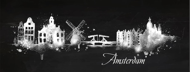 Silueta de la ciudad de Ámsterdam pintada con salpicaduras de tiza cae rayas puntos de referencia dibujando con tiza