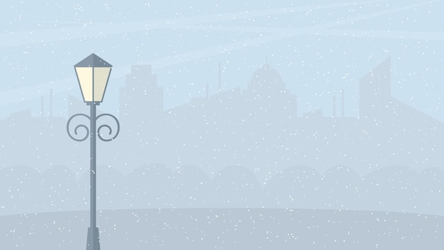 silueta de ciudad urbana, farola y nieve