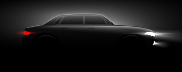 Silueta de coche sedán negro con luces de cabeza en una ilustración de vector de fondo de noche oscura