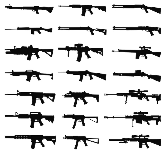 silueta de la colección de rifles de armas de combate en un vector de fondo blanco