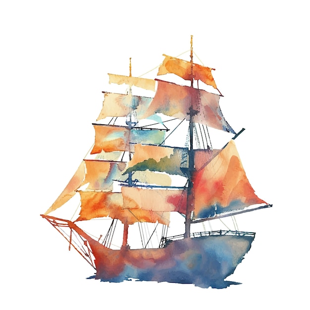 Vector silueta de color abstracto de una ilustración vectorial de un barco antiguo en estilo acuarela