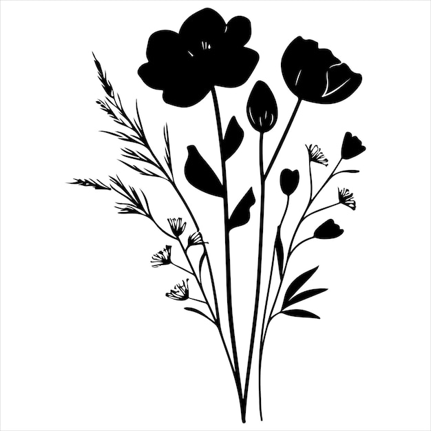 silueta de color negro ramo de flores sobre un fondo blanco
