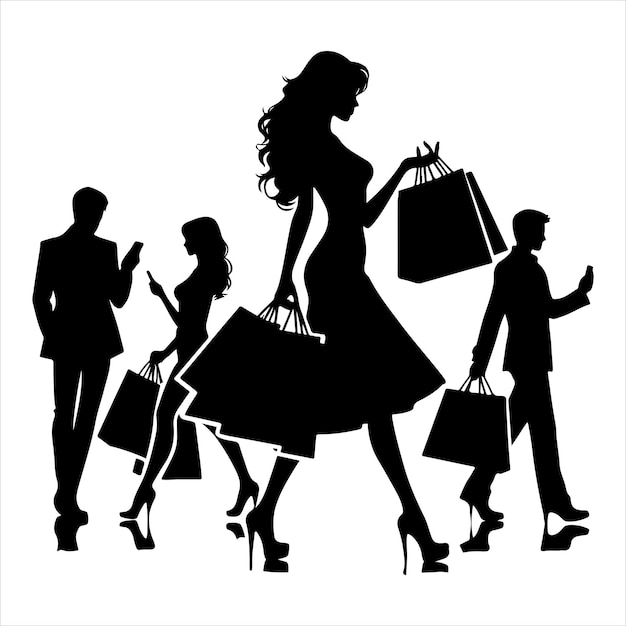Una silueta de comprador de moda Un día en el centro comercial Vector de color negro