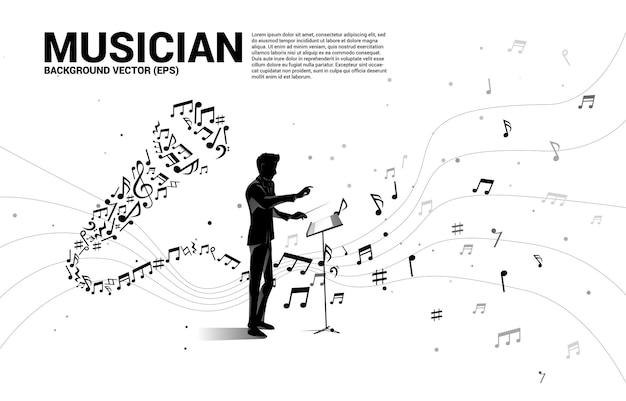 silueta de conductor con micrófono de onda de sonido de melodía de nota musical bailando.