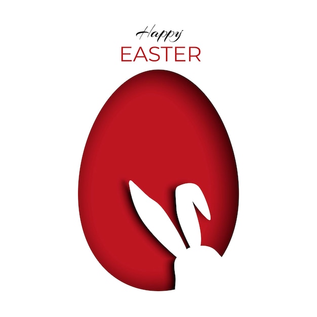 Silueta de un conejito que mira a escondidas dentro de un huevo de Pascua rojo en papel tallado o cortado Tarjeta de felicitación