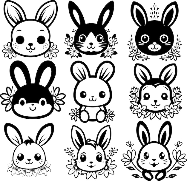 silueta de conejo floral lindo ilustración vectorial en blanco y negro