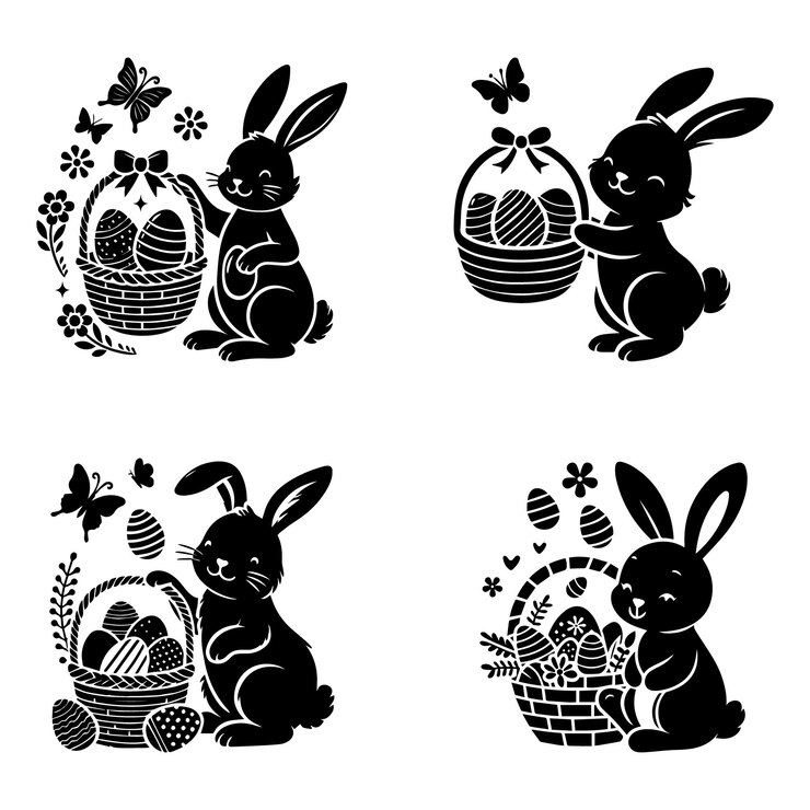 Silueta de conejo con huevos de Pascua y flores Elegante colección de vectores de vacaciones silueta de conejito