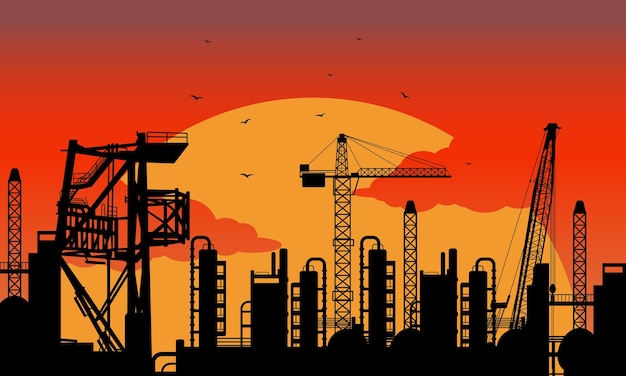 Vector silueta de construcción vista puesta de sol silueta de edificio industrial