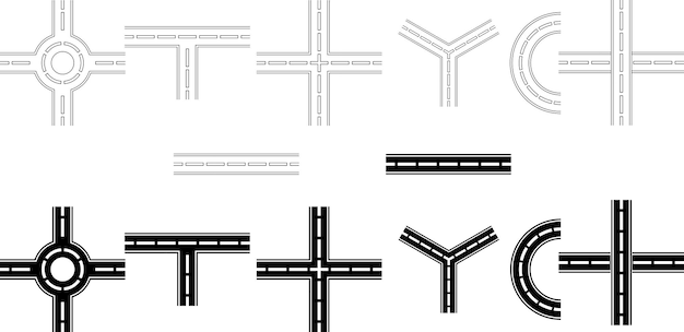 Vector silueta de contorno conjunto de iconos de carretera de intersecciónelementos de cruce de calles