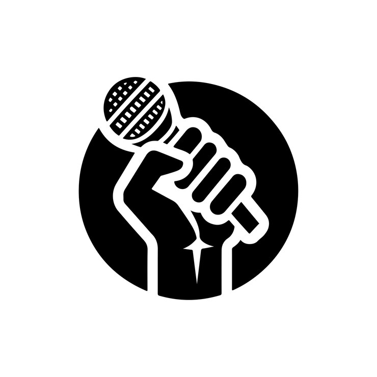 silueta del contorno Icono de la mano que sostiene el micrófono