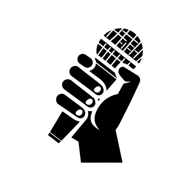 silueta del contorno Icono de la mano que sostiene el micrófono