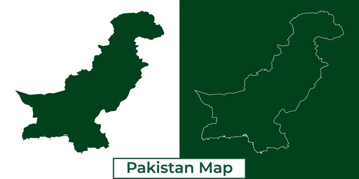 La silueta y el contorno del mapa de Pakistán aislados en un fondo blanco
