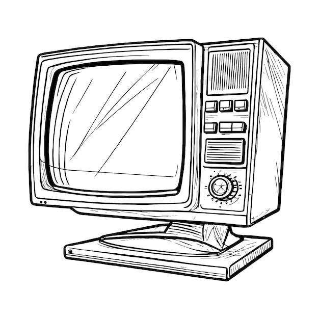 Silueta de contorno negro de monitor de computadora antigua en vector de estilo de boceto de dibujo a mano