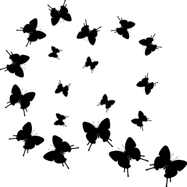 Silueta de contorno de patrón de una bandada de mariposas insectos volando revoloteando